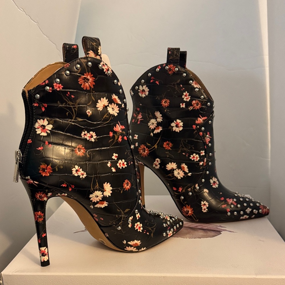 Floral Studded Black Ankle Boots